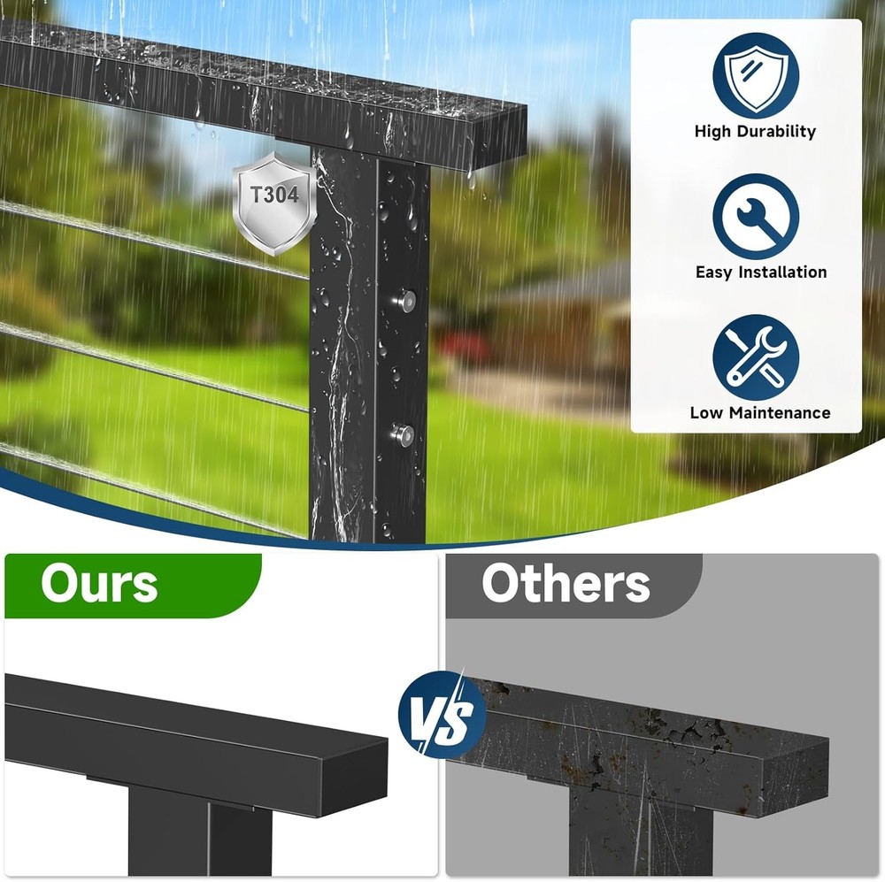 8FT Stainless Steel T304 Black Handrail, 2 Pack Rectangular Cuttable Handrail