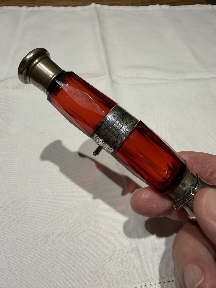 Victorian Ruby Red Glass Folding Double Scent Bottle Silver Mount