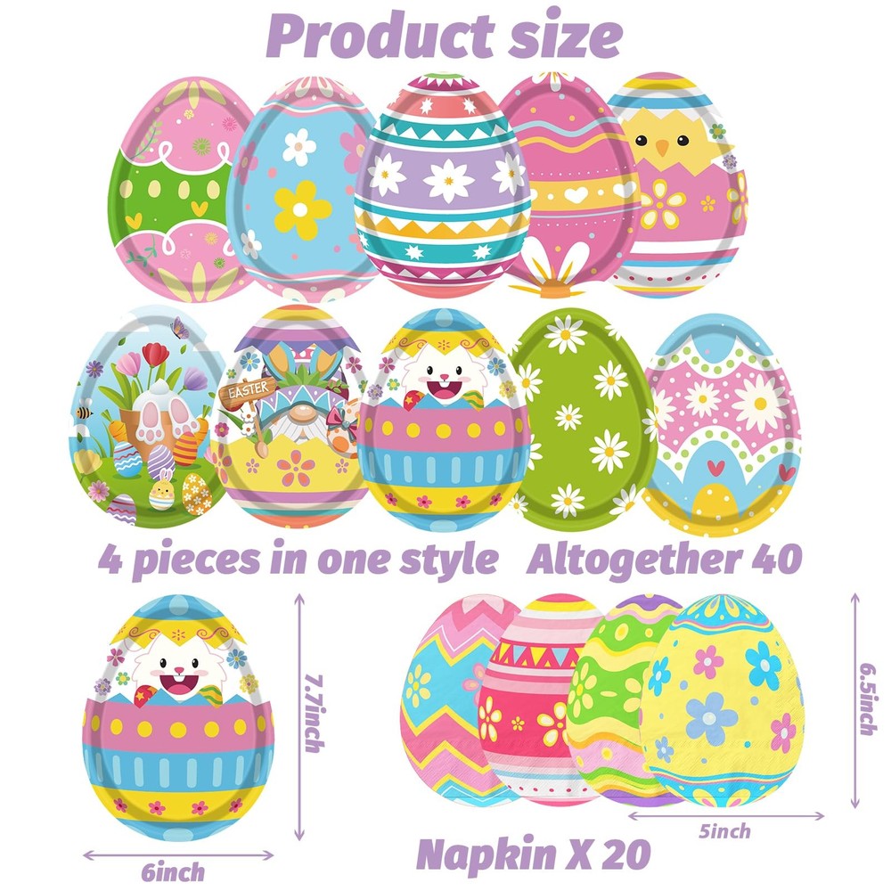 Easter Egg Tableware - 60 Pcs Bunny Egg Shaped Plates & Napkins Set for Happy E
