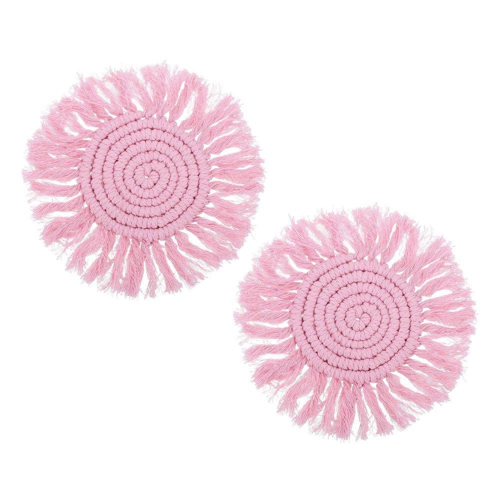 2Pcs Boho Coasters, Woven Drink Coasters with Tassel, Pink
