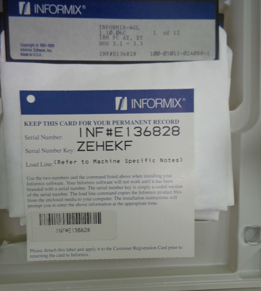 Informix-4GL Database 1989, Version 1.10 - IBM PC, AT - DOS 3.1 - Mint.