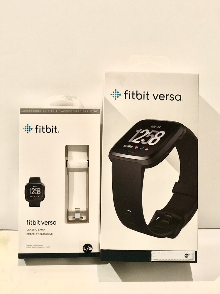 Fitbit Versa Smart Watch, Black/Black Aluminium, Plus White Replacement Band