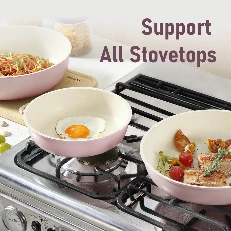 4Pc Nonstick Cookware Set Pink Detachable Handle Pots Pans Stackable Kitchen