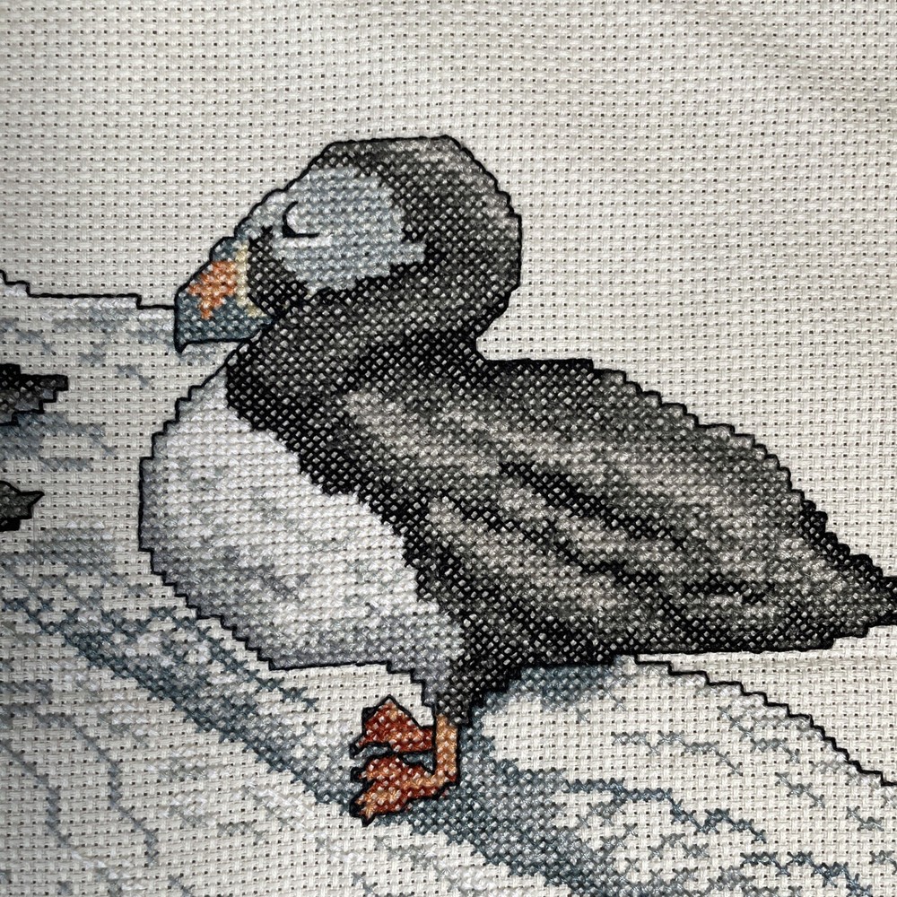 Finished Cross Stitch Puffins Unframed