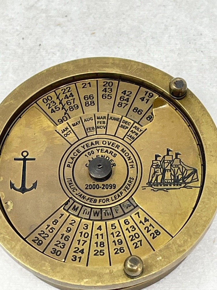 BRASS MARITIME COMPASS WITH 100 YEARS CALENDAR 2000-2099