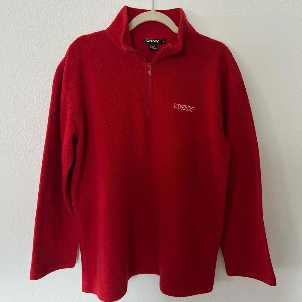 DKNY Red Fleece Quarter-Zip Pullover - Size M