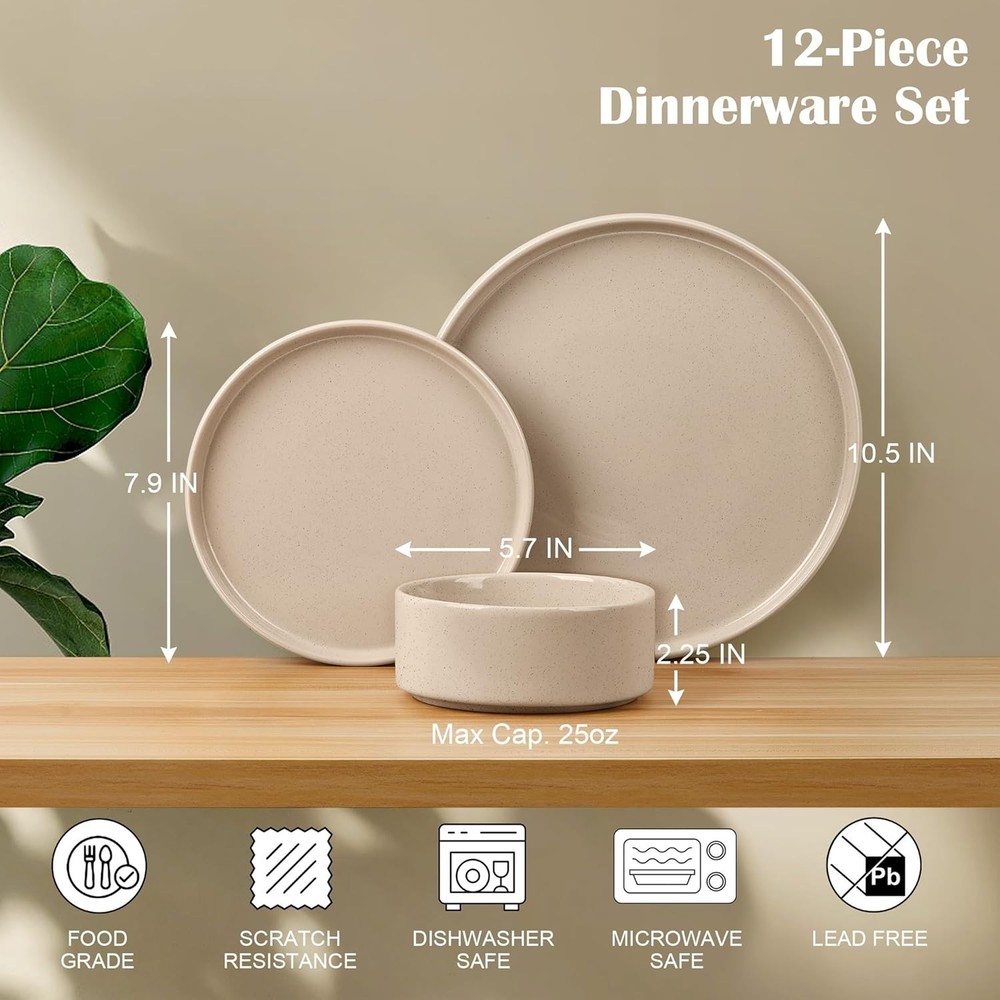 12Pc Stoneware Dinnerware Set for 4 Speckled Khaki Plates Bowls