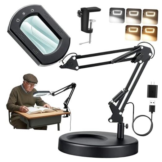 10X 30X Lighted Magnifying Glass with Stand & Clamp, 7" Large Rectangular Black