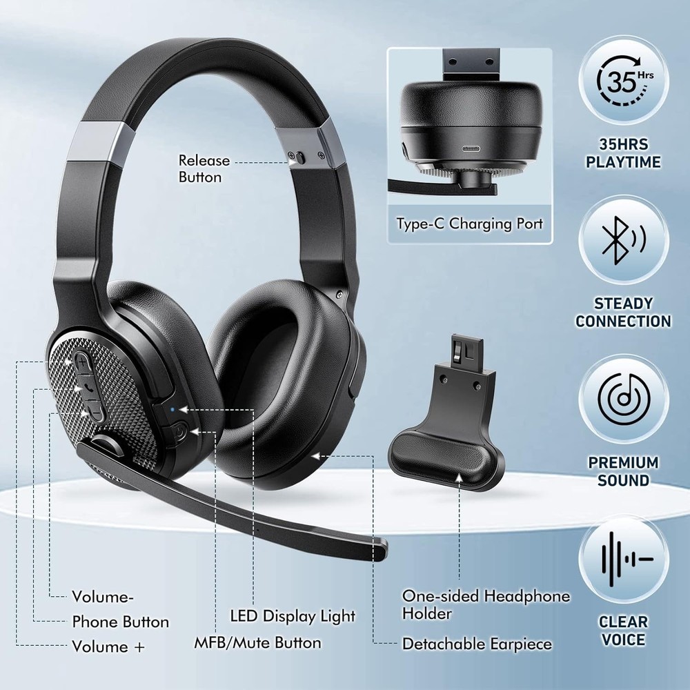 Trucker Bluetooth Headset with Dongle, Noise Cancelling Microphone