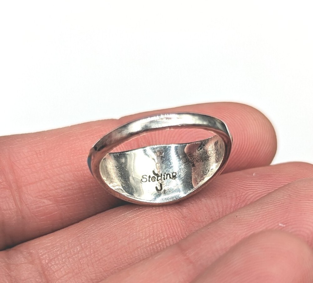 Sterling Silver Signed JJ Turquoise Blue Inlay Zig Zag Ring Size 6