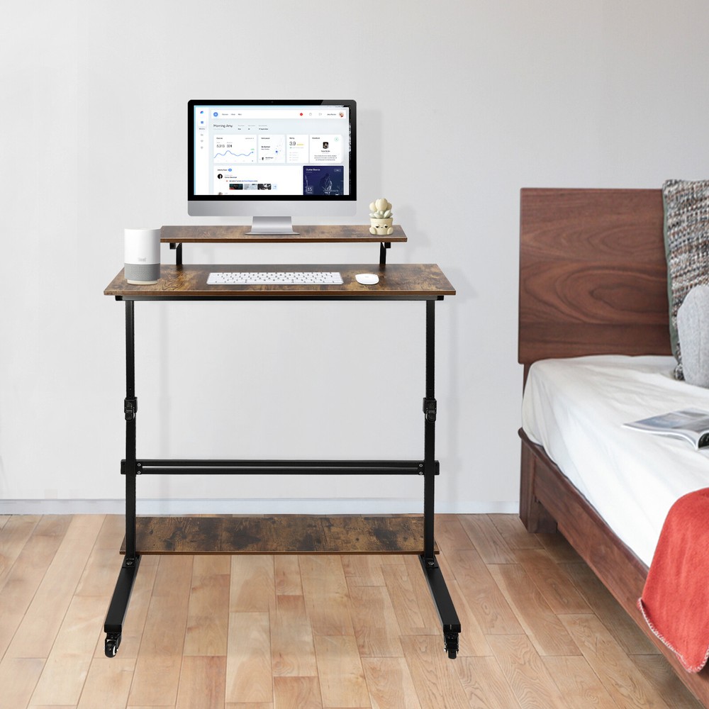 Rolling Laptop Desk Adjustable Height Computer Table Stand up Office Workstation