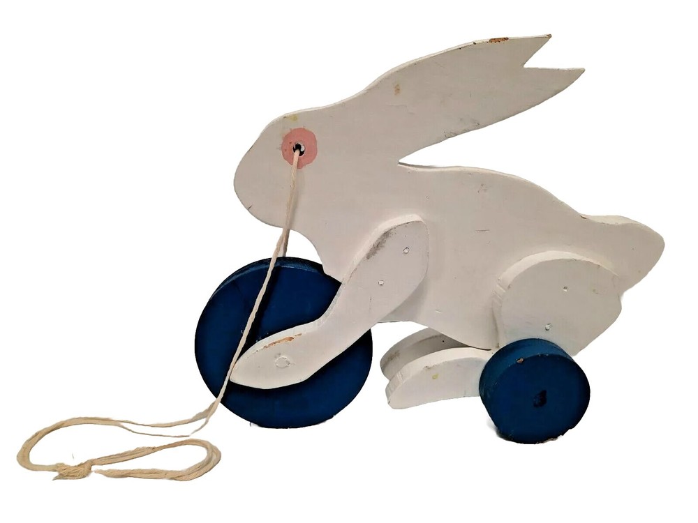 Vintage Wooden White Rabbit Pull Toy 3 Wheels Handmade