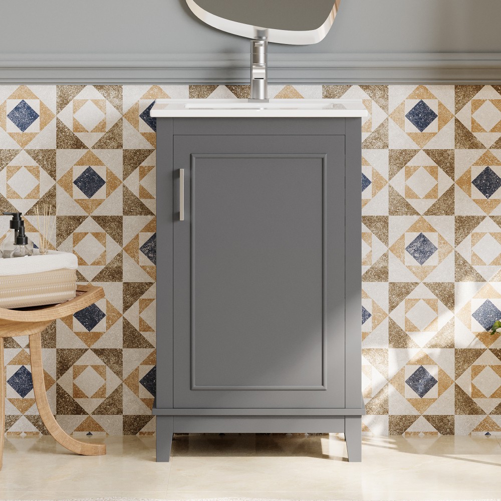 Small Bathroom Vanity Cabinet W Ceramic Basin Ample Storage