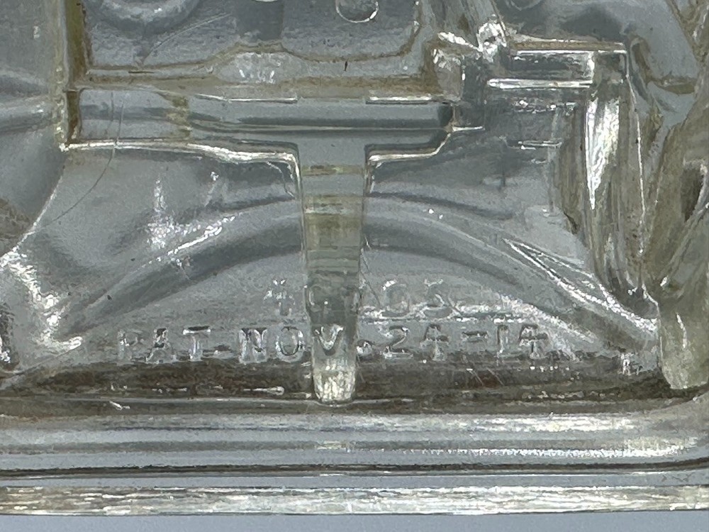 1914 FIRE ENGINE Stough Figural Glass CANDY CONTAINER Vintage E&A 223 Tin Wheels