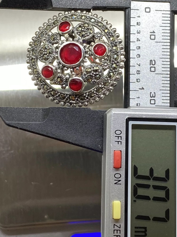 Beautiful 925 Silver Ruby-Marcasite Ring Size 9 W 13.2 Gr.