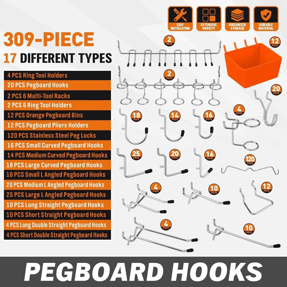 Heavy-Duty Pegboard Hooks & Bins - Garage Workshop Organizer