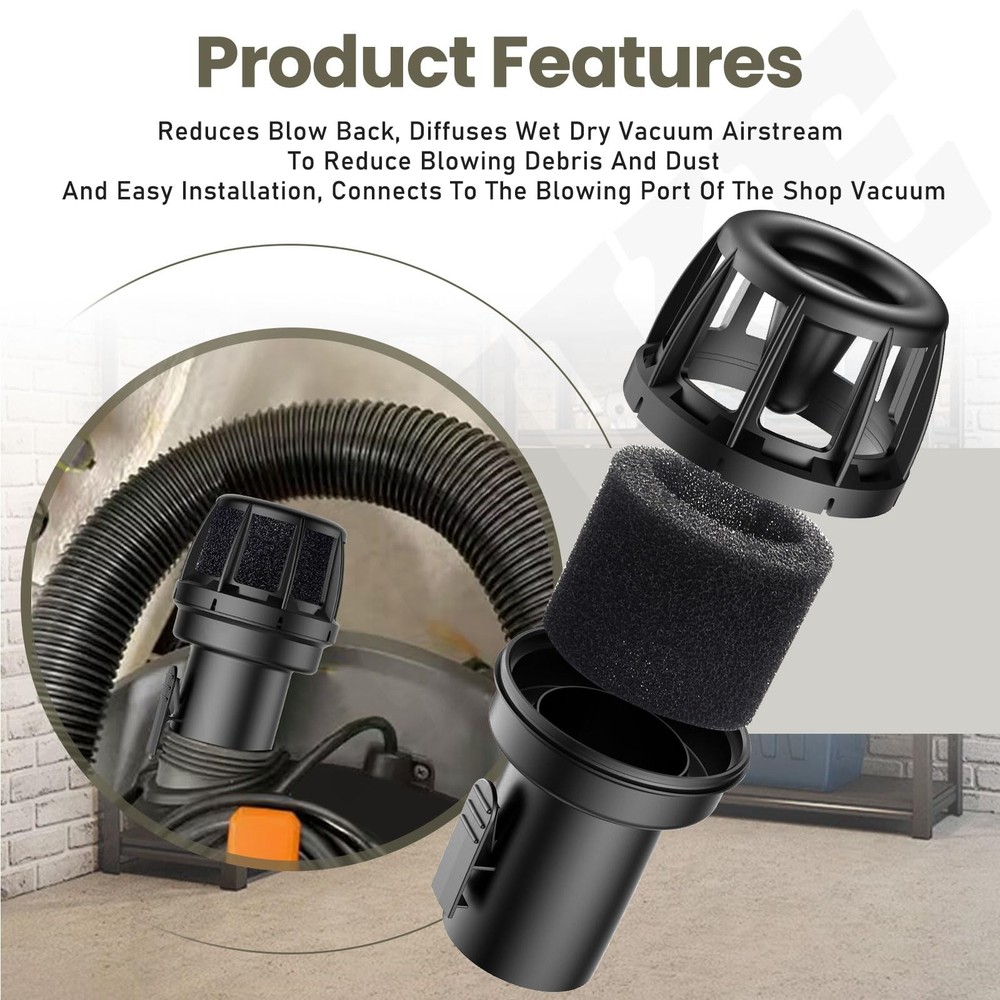 Muffler Diffuser Wet/Dry Vac 2 inches (inside) x 2.25 (outside), Black