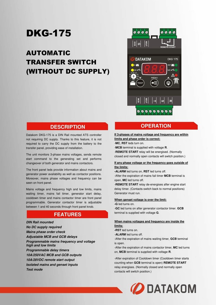 DATAKOM DKG-175 Generator/Mains Automatic Transfer Switch Controller (ATS)