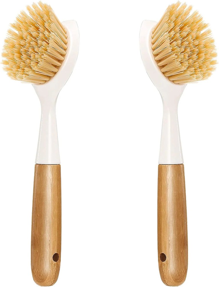 2 Pack Kitchen Dish Brush Bamboo Handle Dish Scrubber Built-in Scraper, Scrub