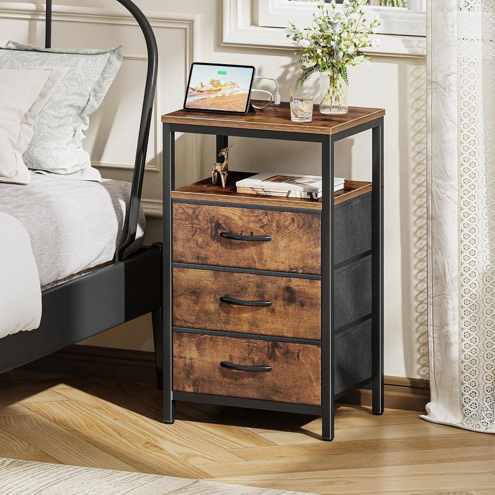 Stylish Bedside Table with Charging Outlet & Ample Storage - Rustic Brown Finish