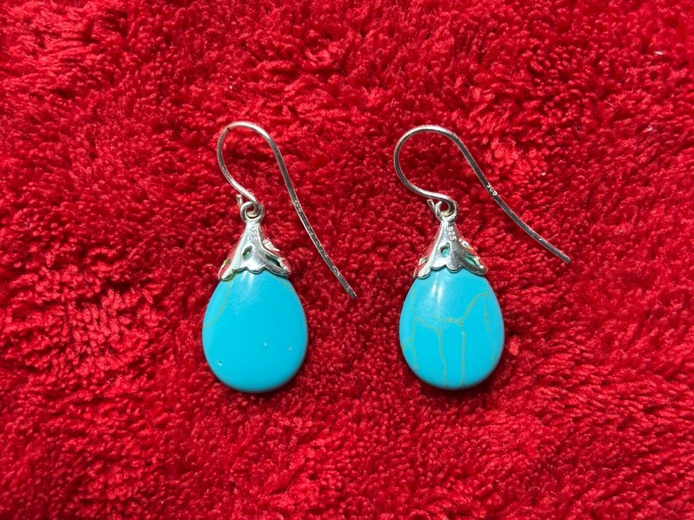 Turquoise & .925 Sterling Silver Dangle Drop Earrings Nice Set