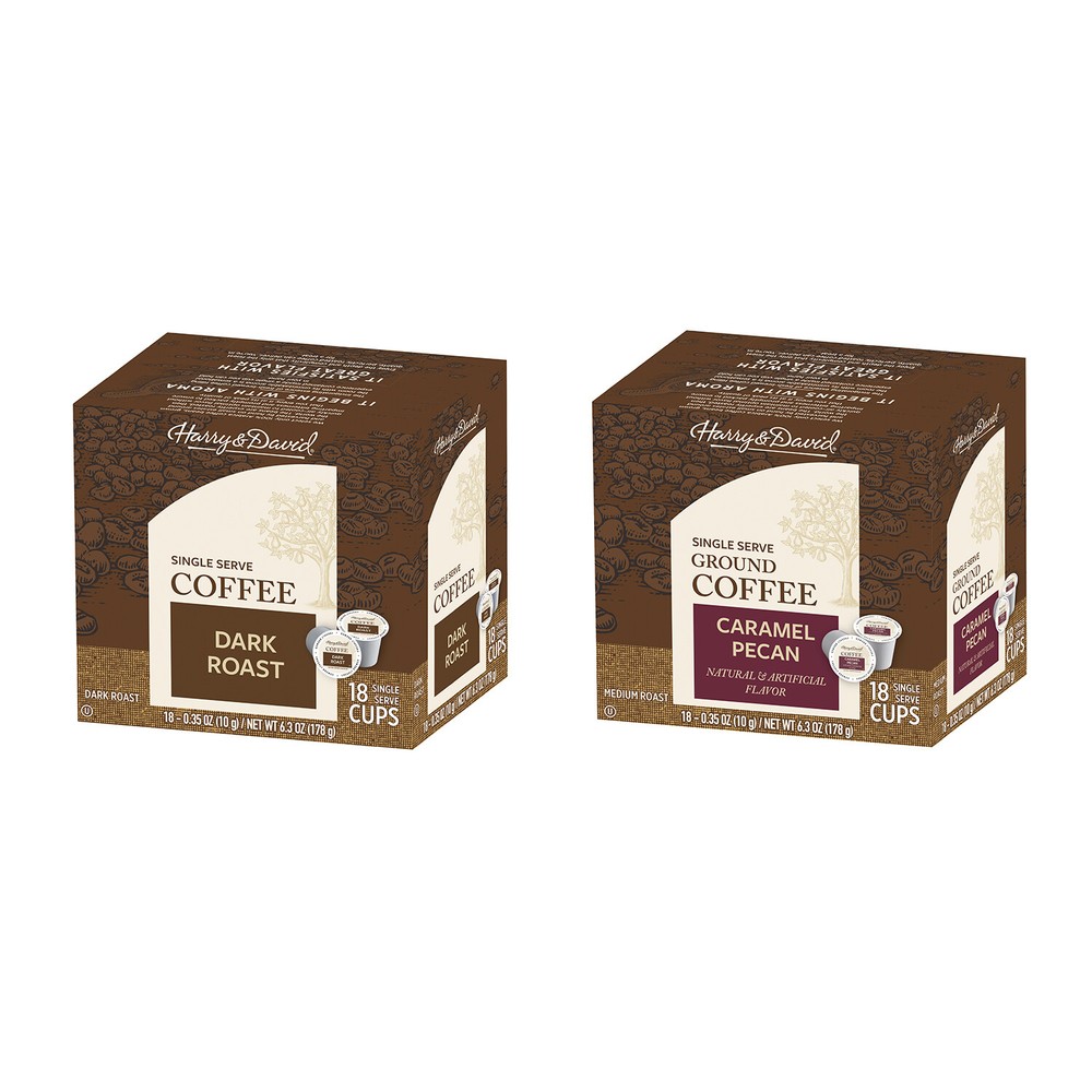 Harry & David Coffee Combo, Dark Roast, Caramel Pecan 2/18 ct boxes