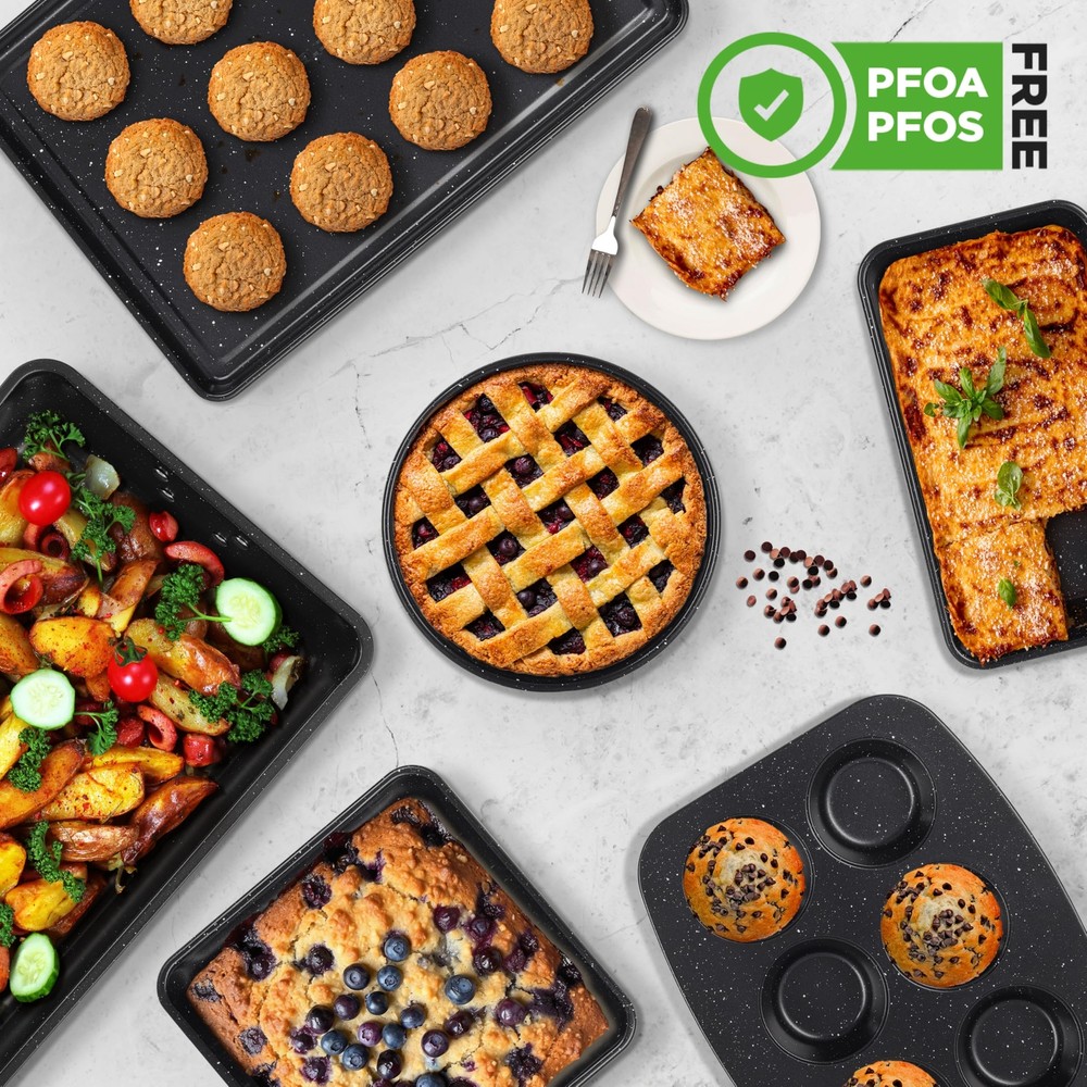 NutriChef 8-Piece Stackable Bakeware Set (Black Marble)