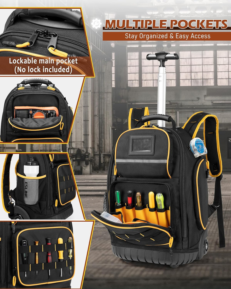 Durable Rolling Tool Backpack with Detachable Insert & Ample Storage Pockets