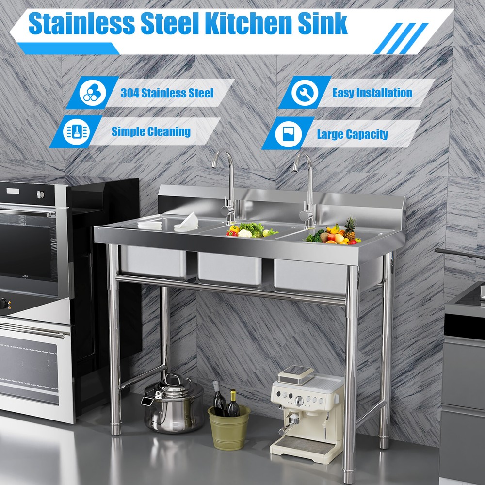 Commercial Stainless Steel 3-Compartment Sink for Efficient Kitchen Cleaning