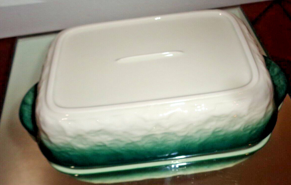 Set of 2 Green & Gray Ceramic Rectangular Baking Roasting Stackable Pan 9X5.5X1"