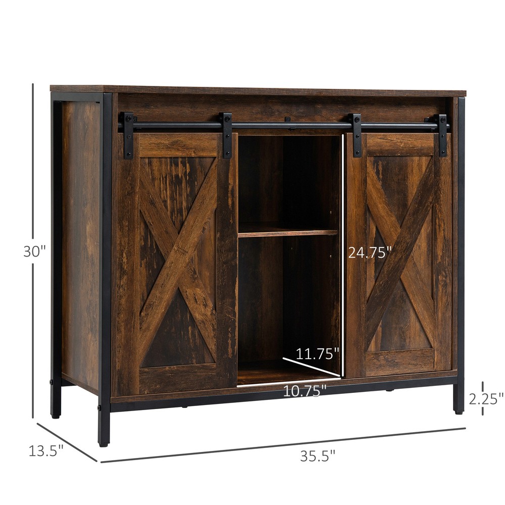 Industrial Kitchen Sideboard, Buffet Cabinet w/ Sliding Barn Doors, Rustic Brown