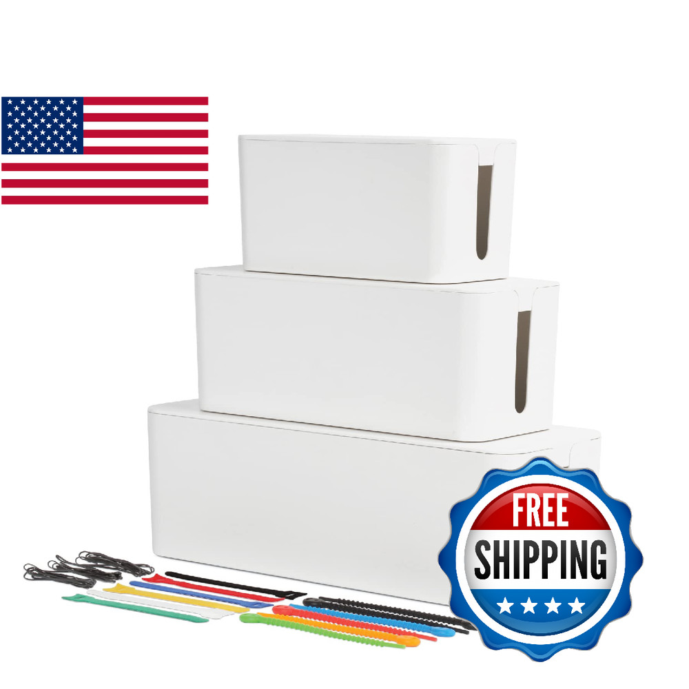Oxford Cable Management Boxes 3 Pack Small Medium Large Power Strip Organizer Wh