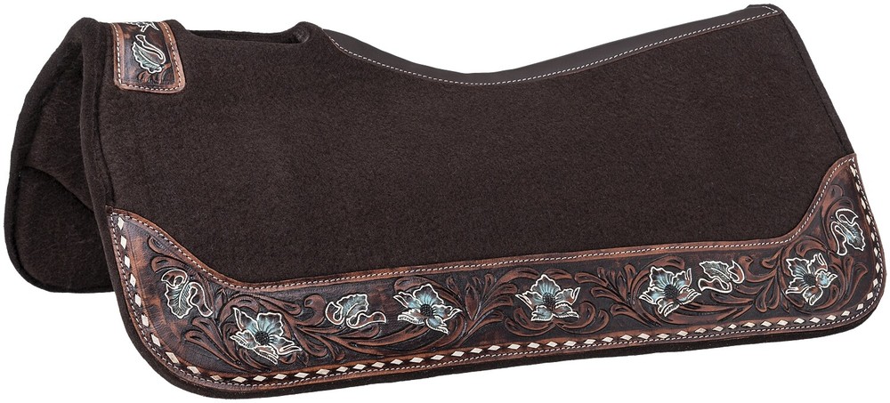 Western Felt Saddle Pad - Brown Felt - Tooled Leather - Turquoise Highlights