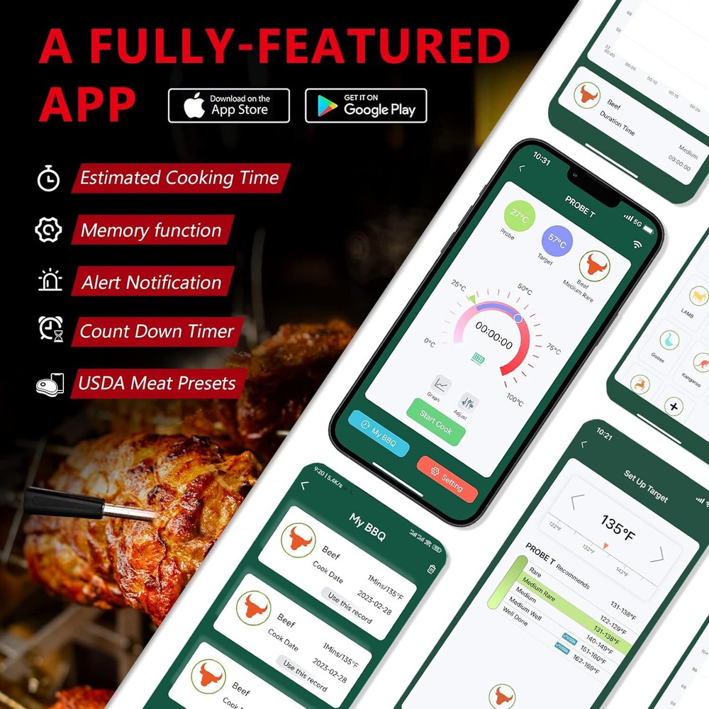 Probe Temp Extended Range Wireless Bluetooth Smart Meat Thermometer