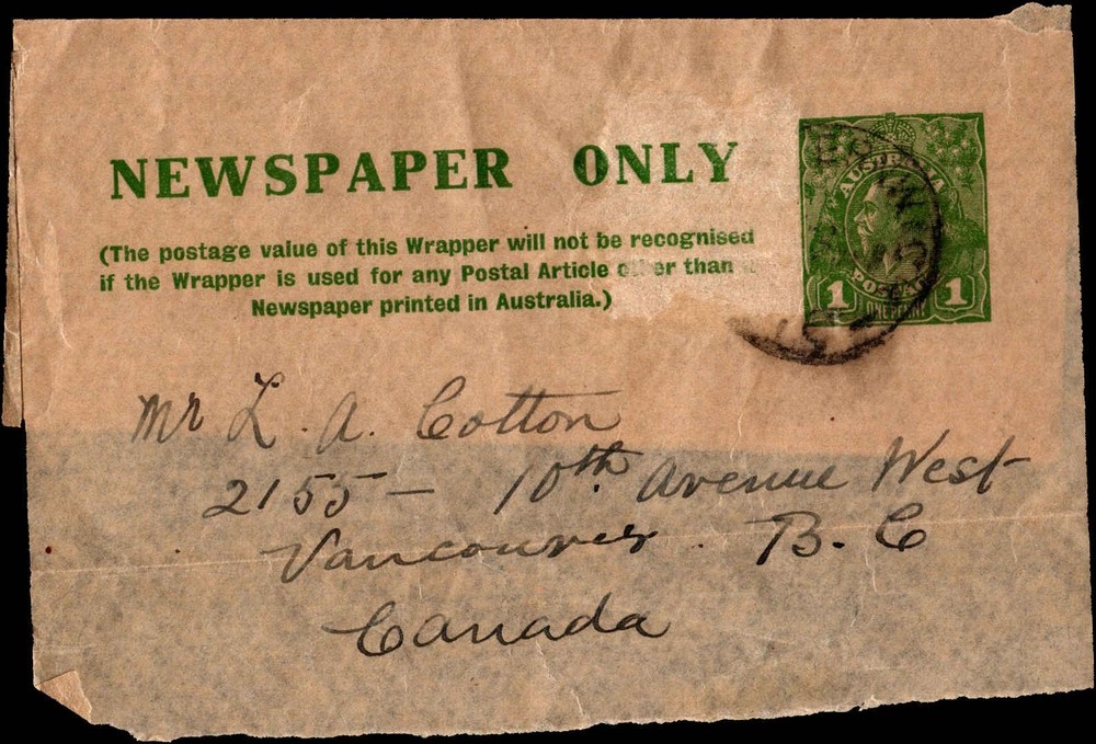 Australia 1d Newspaper Wrapper to Canada Used