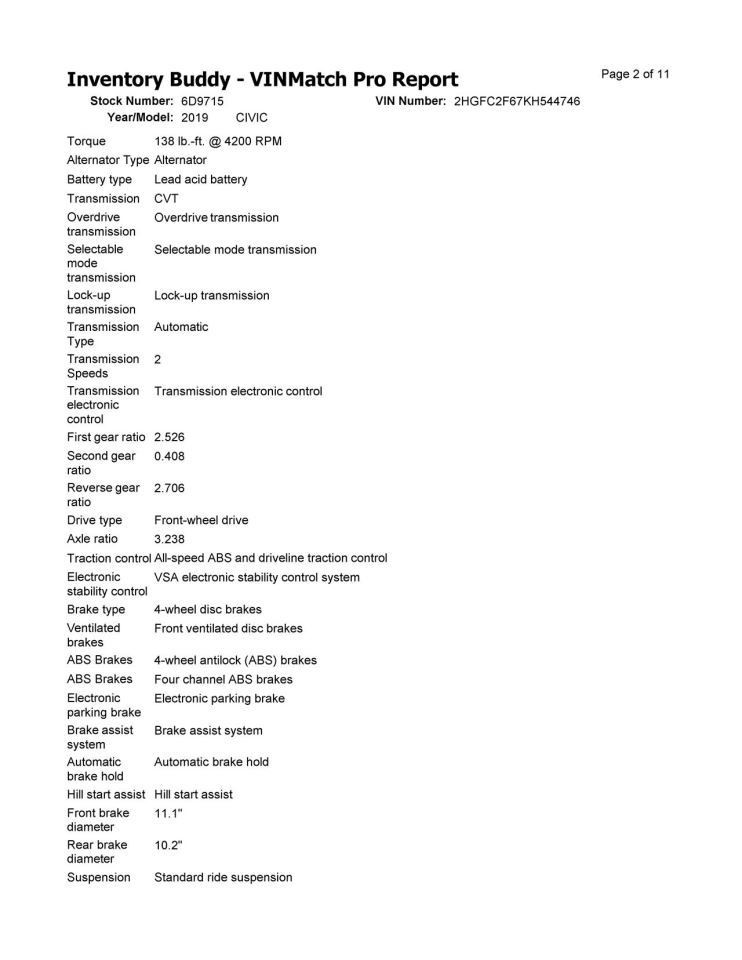 CIVIC 2019 Transmission Shift 2128474