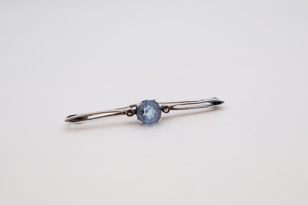 Vintage Silver Bar Brooch with Blue Stone