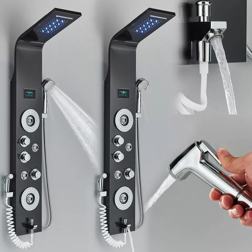 Stainless Steel Shower Panel Tower System LED Rainfall&Waterfall Massage Body
