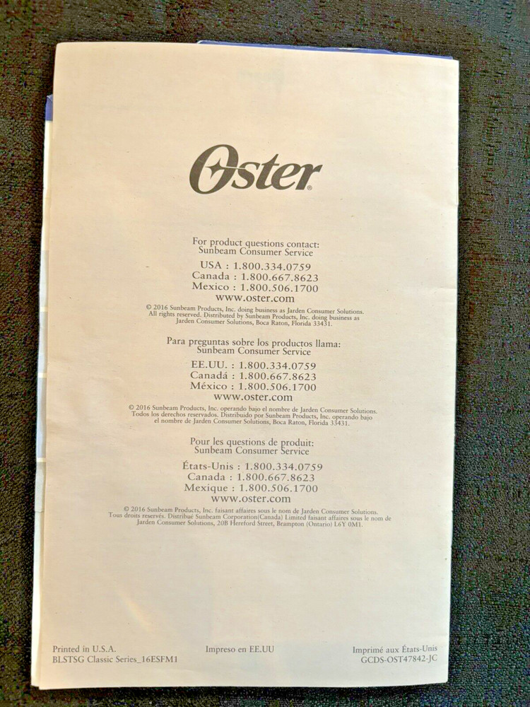 Oster User Manual for Classic Series Push Button Blenders