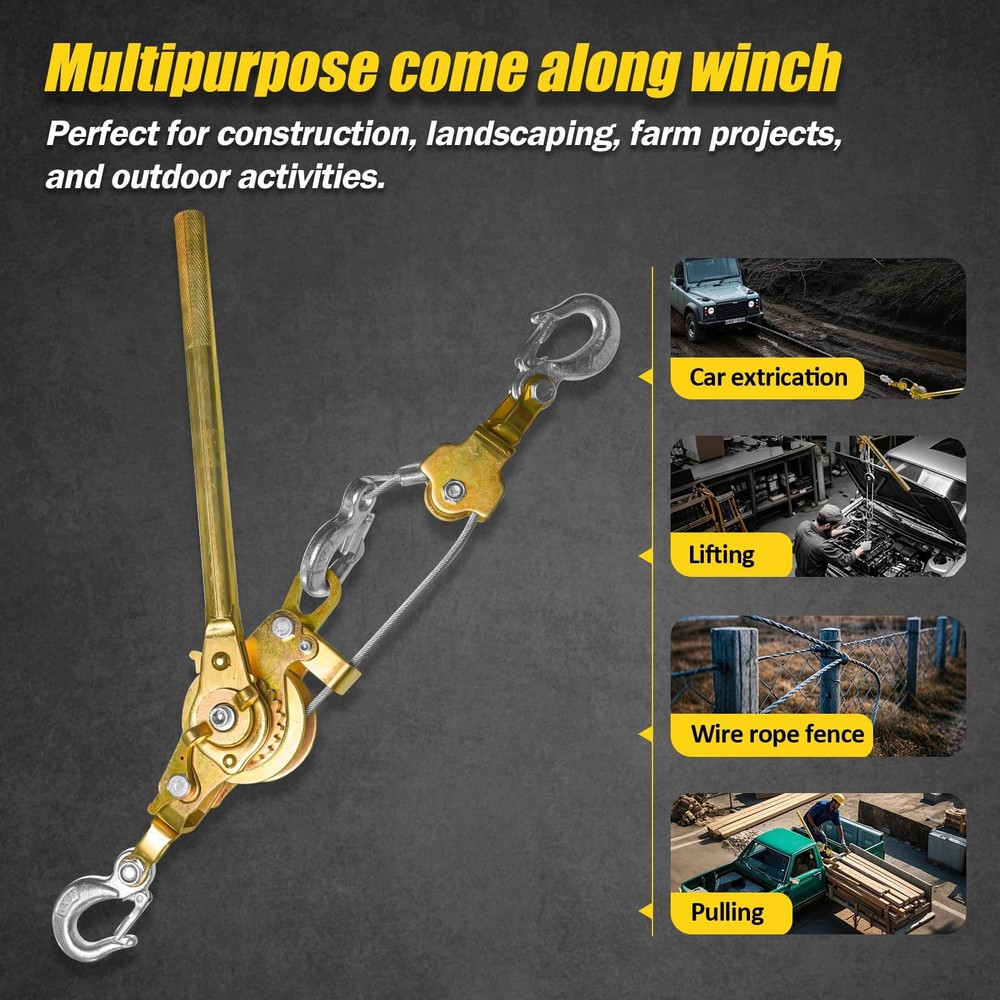SENKEYFE Come Along Winch Puller 3T 10FT, Cable Hoist Winch Puller with 2 Hooks,