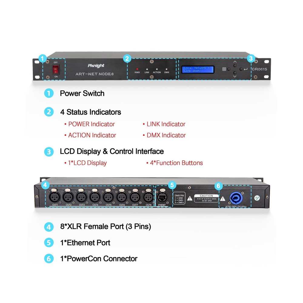 ArtNet DMX Interface, 8-Channel, 19" Rack, 1U Stage Lighting Network Control,...