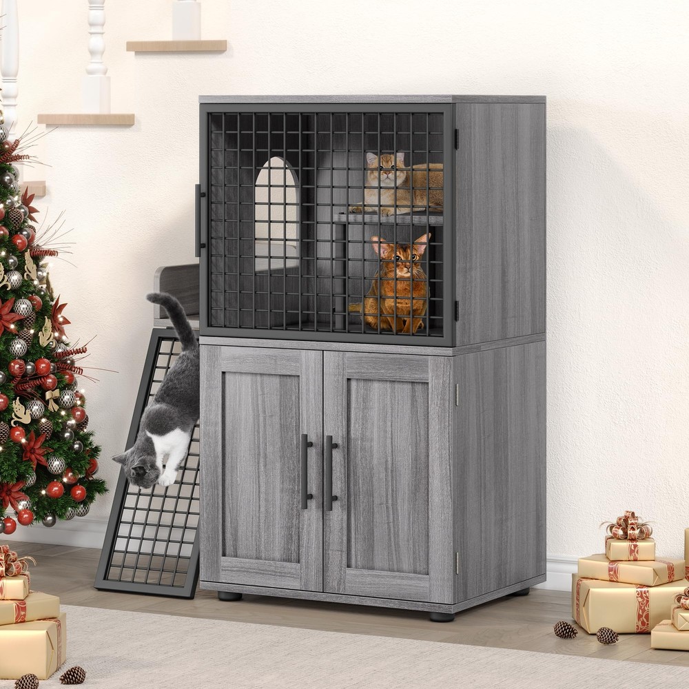 Modern Cat Litter Box Enclosure With Platform, Double Layer Cat Litter Hidden