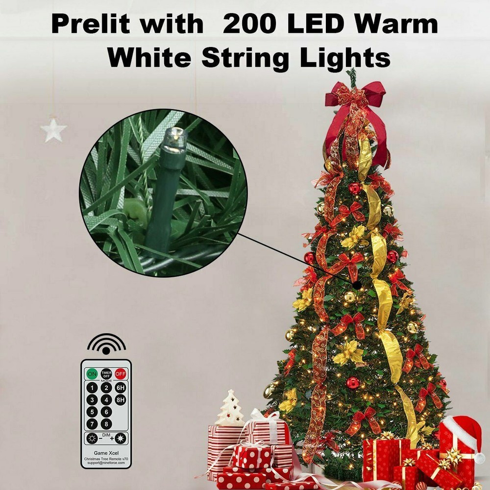 6ft Pop Up Pre Lit Christmas Tree Pull Up Xams Decor Tree 200 Lights Collapsible