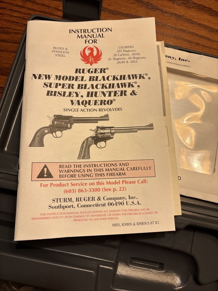 Ruger New Model Blackhawk/Super Blackhawk Case With Manual, Case lock & Plastic