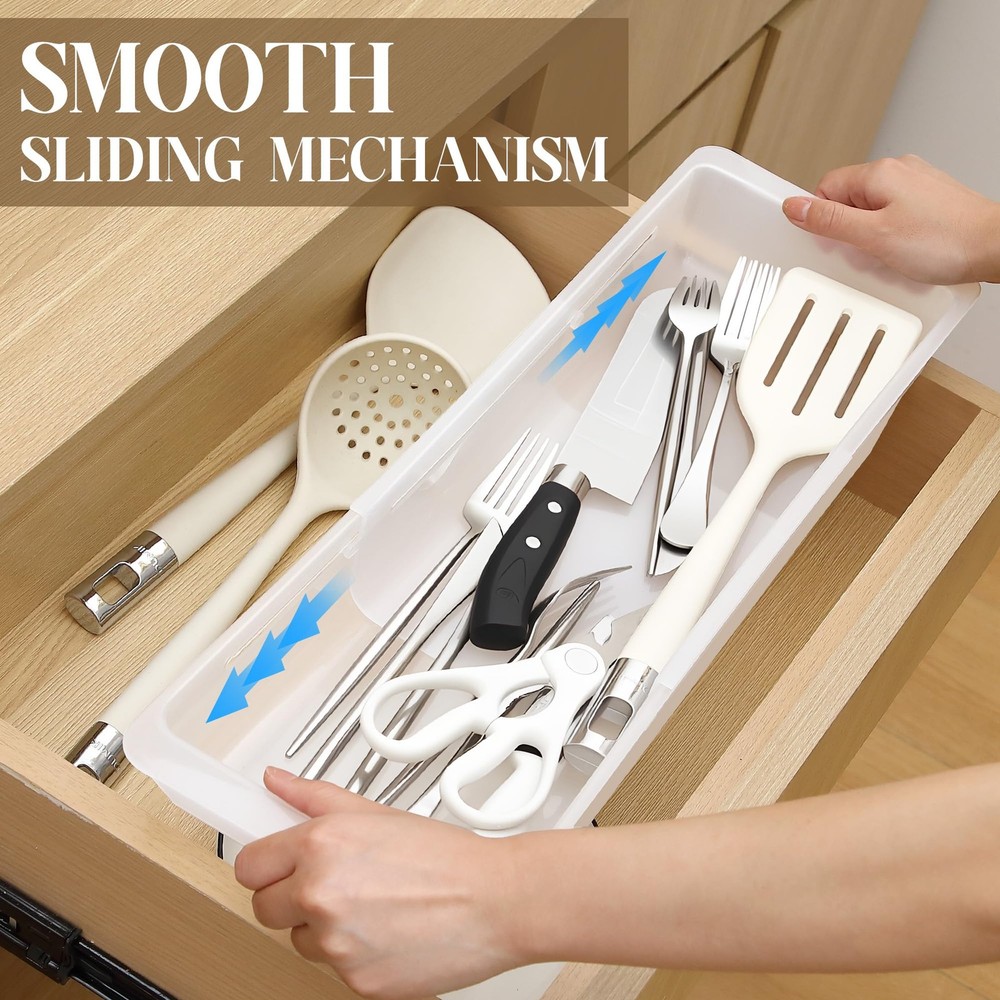 2 Pack Deep Drawer Organizer Bins, Adjustable Sliding Drawer Organizer Bin Ex...
