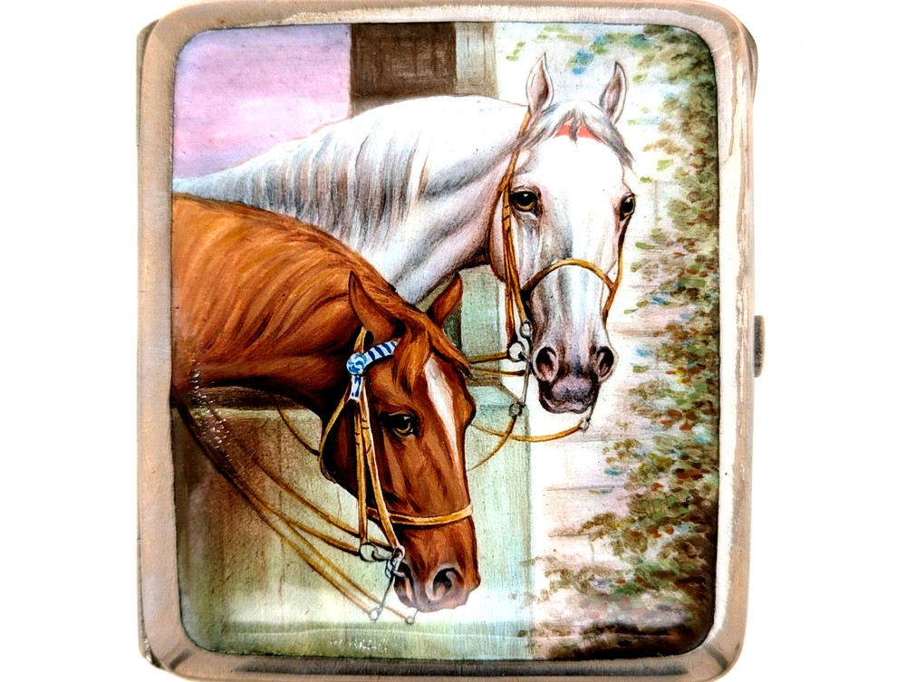 Silverplated Cigarette Case with Enamelled Horse Scene