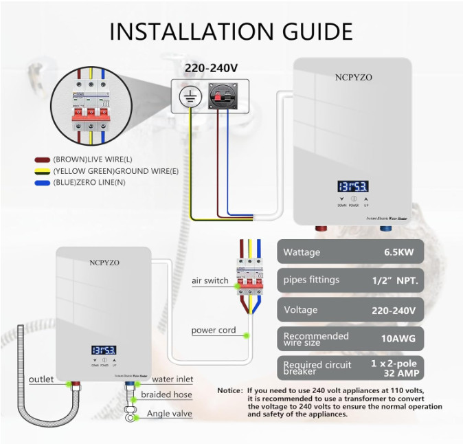 Tankless Water Heater Electric Whole House ECO Instant Hot On Demand 220/240v
