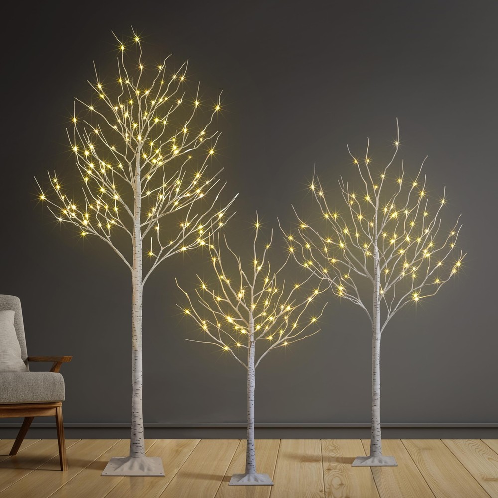 Set of 3 Lighted Birch Tree 4FT 6FT and 8FT LED Artificial Tree for Decoratio...