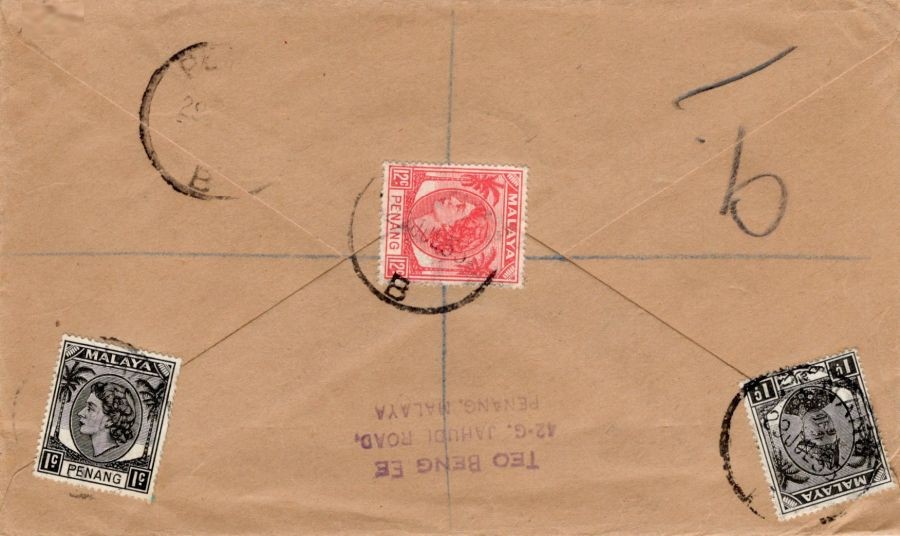 Malaya State PERLIS 6 diff + Penang 3 diff Mixed use on Registered cover US 1955