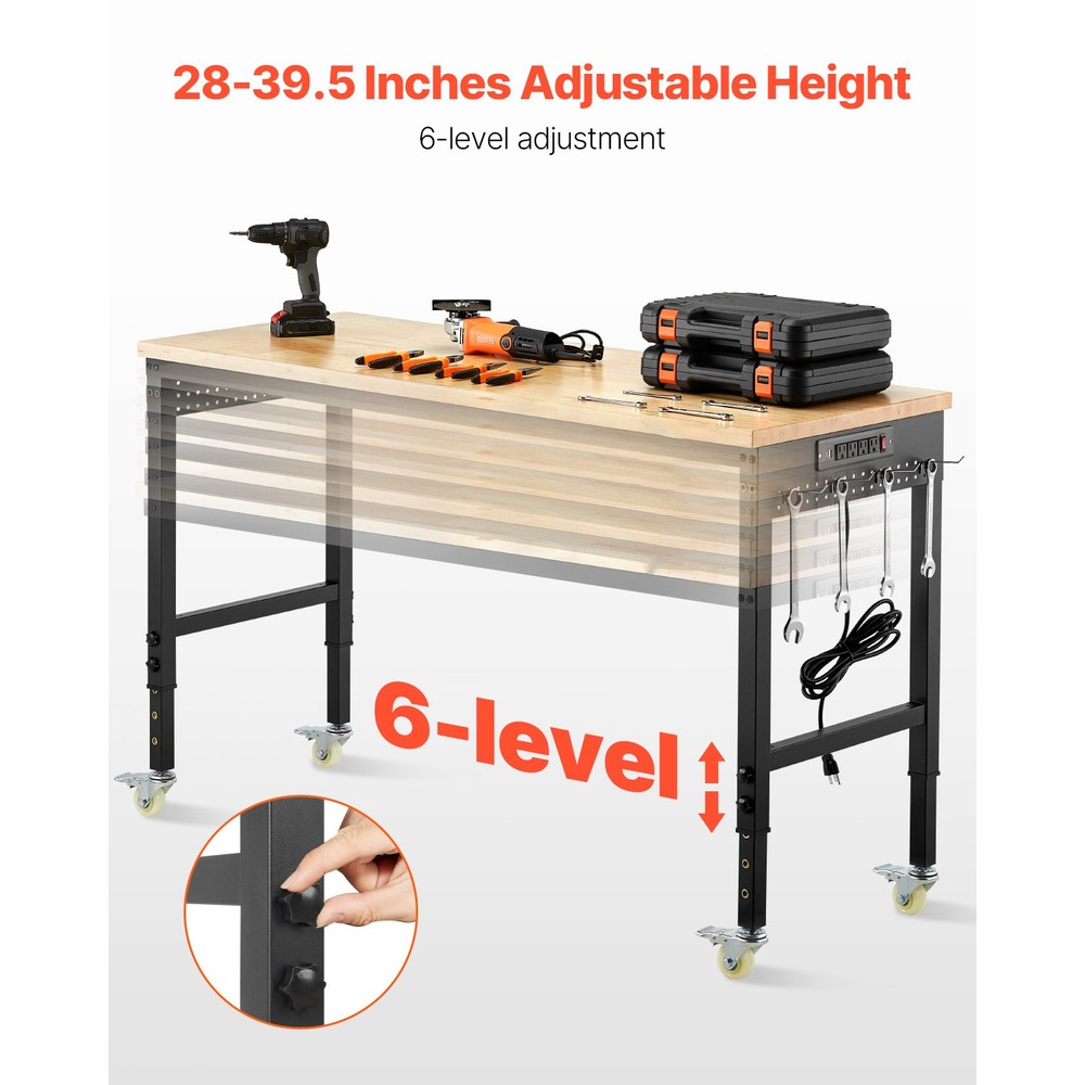 60" Workbench on Wheels Adjustable Height Table with Power Outlet & Pegboard